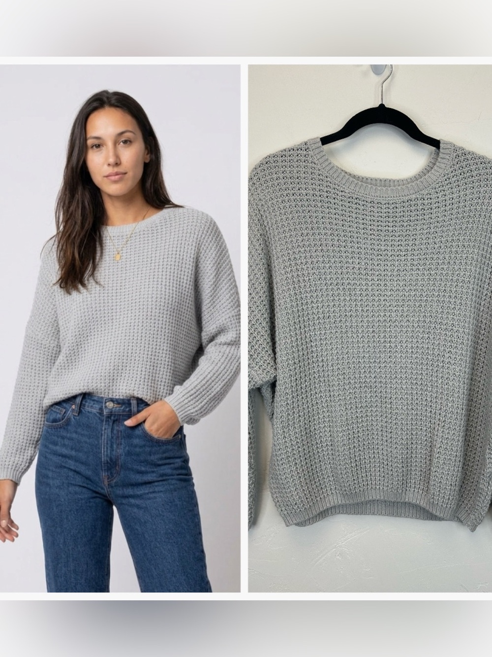 Waffle Knit Sweater Size S Doleman‎ Sleeve Comfy Minimalist Neutral Light Gray